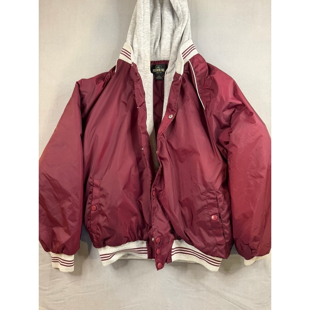 VTG RedHead Mens Hooded Varsity Bomber Jacket Burgundy Quilted Lined Size M